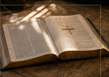 Biblia antigua abierta sobre un mapa