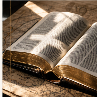 Biblia antigua abierta, iluminada con luz cálida