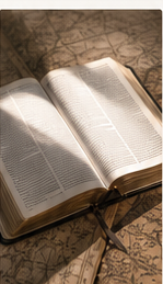 Biblia abierta sobre un mapa