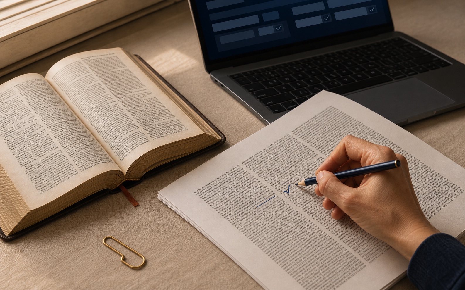 Revisión humana de un borrador junto a una Biblia y una herramienta digital