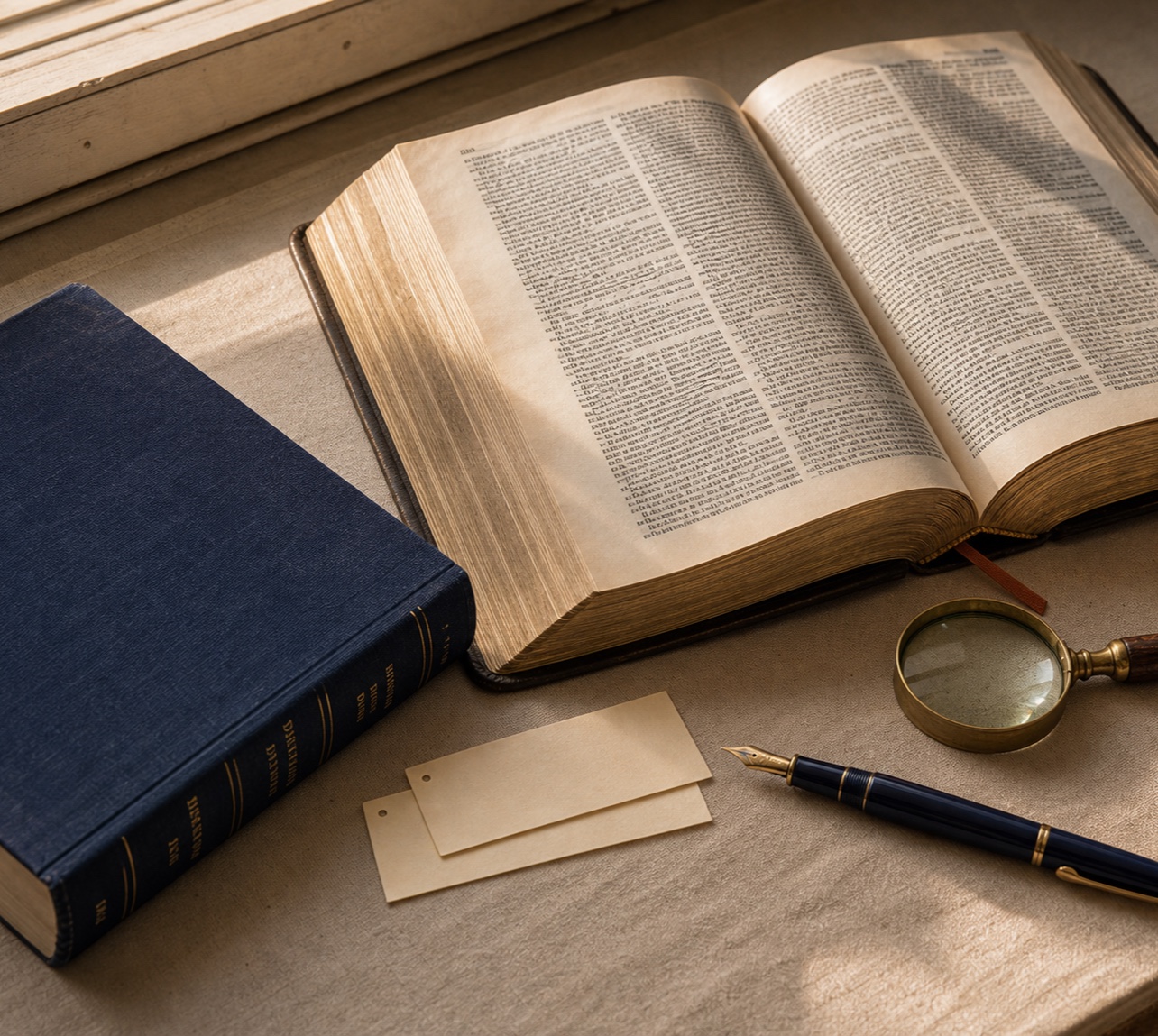 Biblia abierta junto a un léxico, una lupa y herramientas de estudio