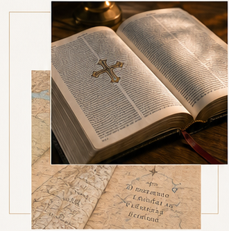 Biblia abierta sobre un mapa antiguo
